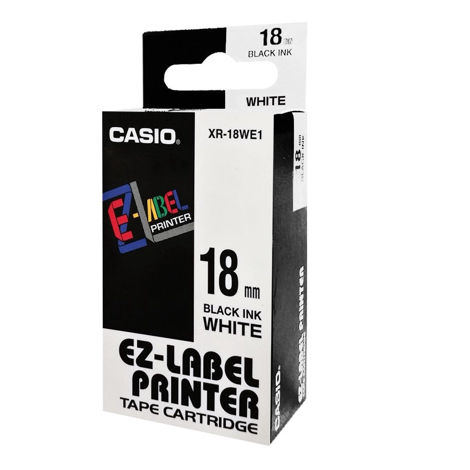Casio XR-18WE1 Tape Cassette, 18mm X 8m, Black on White